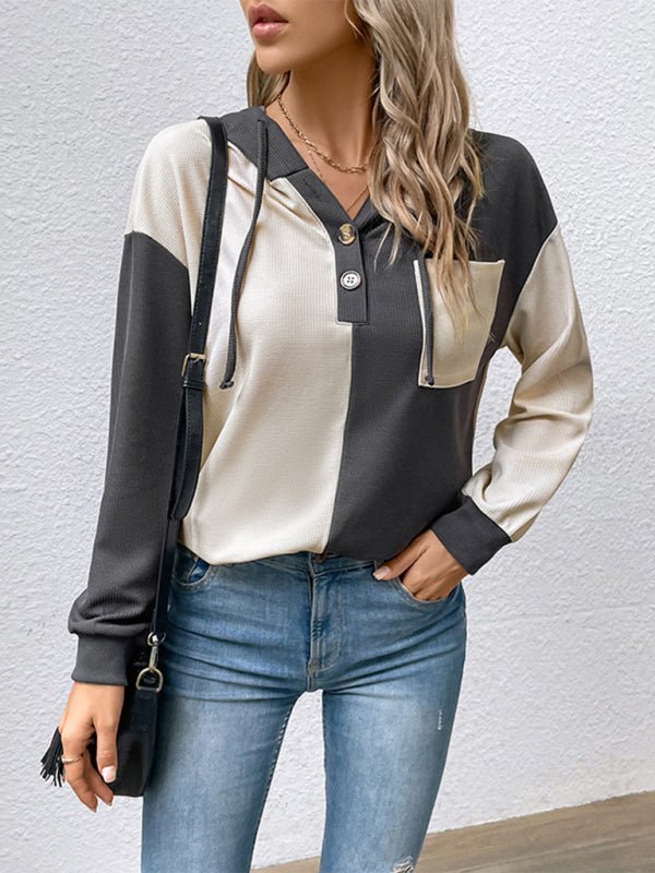 New women's long - sleeved contrast color hooded sweater - Outerwear